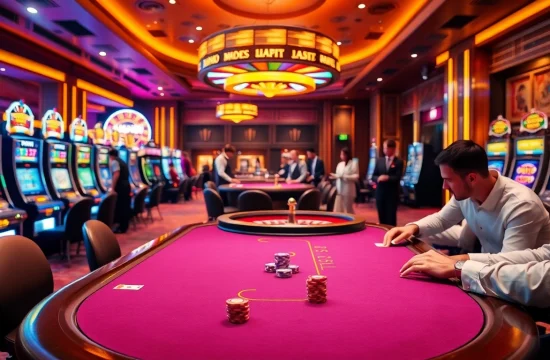 Players engage in a thrilling poker game at Man88, surrounded by vibrant casino decor and mood lighting.