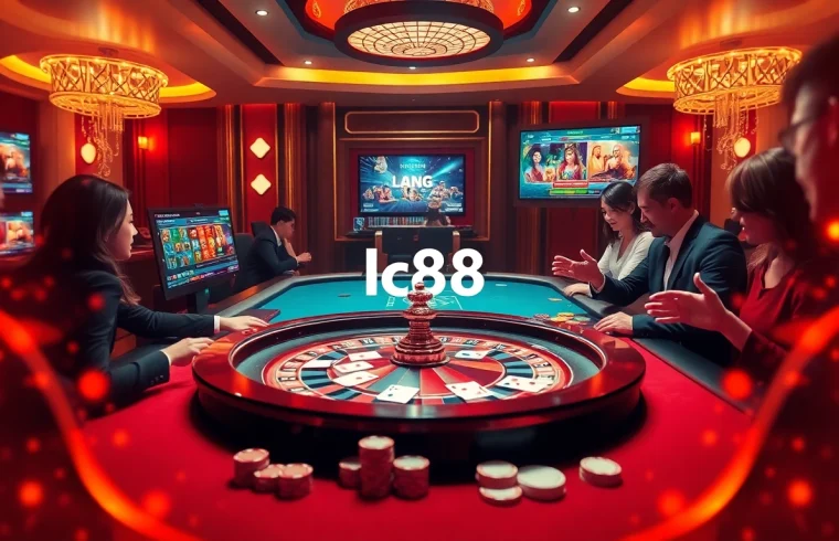 Players strategizing at a luxurious casino table featuring lc88 online gambling interface and vibrant poker chips.
