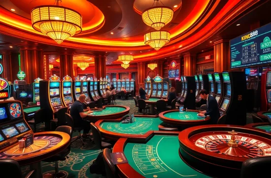 Exciting casino action showcasing king888's thrilling slot machines and blackjack tables.