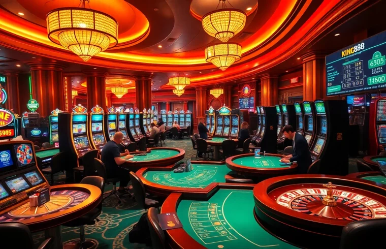Exciting casino action showcasing king888's thrilling slot machines and blackjack tables.