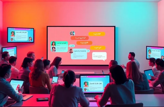 مشهد غرفة دردشة ديناميكي يعرض شات الرياض، بمشاركة مستخدمين متنوعين وأجهزة حديثة.