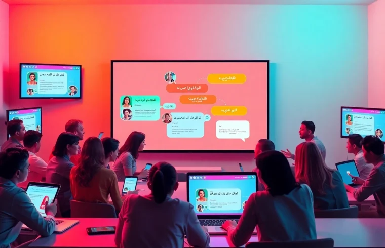 مشهد غرفة دردشة ديناميكي يعرض شات الرياض، بمشاركة مستخدمين متنوعين وأجهزة حديثة.