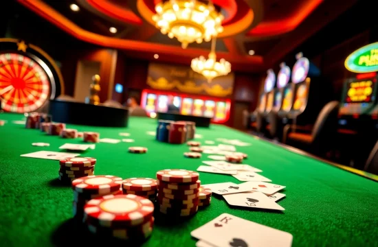 Kubet gambling scene with poker chips, cards, and a roulette wheel, showcasing a premium gaming experience.