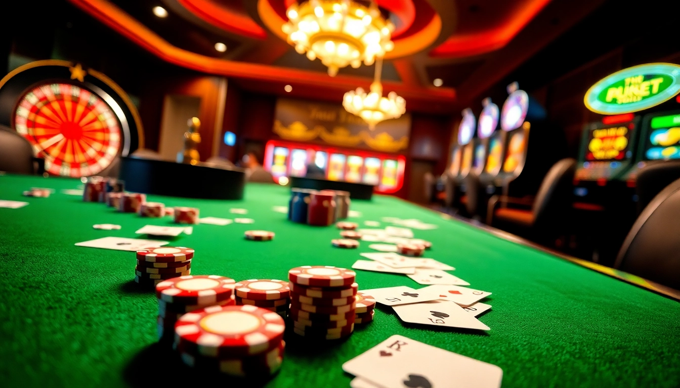 Kubet gambling scene with poker chips, cards, and a roulette wheel, showcasing a premium gaming experience.