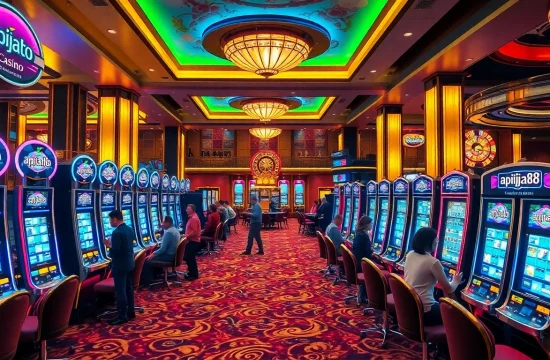 Play exciting slot apiraja88 games at a vibrant casino filled with colorful machines and lively gamblers.