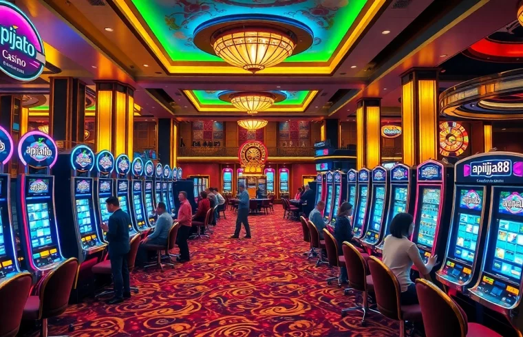 Play exciting slot apiraja88 games at a vibrant casino filled with colorful machines and lively gamblers.