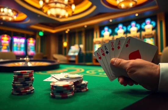 Experience the thrill of winning at https://kk55.fit/ with a stunning casino scene showcasing poker chips and cards.