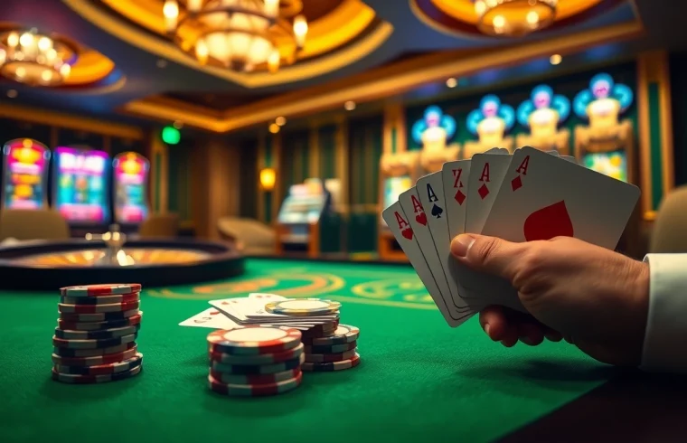 Experience the thrill of winning at https://kk55.fit/ with a stunning casino scene showcasing poker chips and cards.