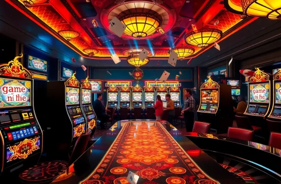 Experience the thrill of game nổ hũ with vibrant slot machines and excited players in a luxurious casino.