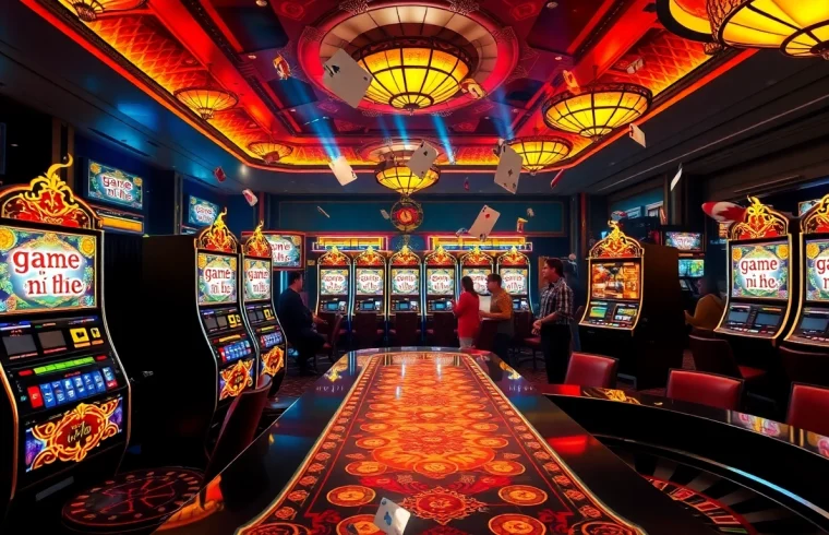 Experience the thrill of game nổ hũ with vibrant slot machines and excited players in a luxurious casino.