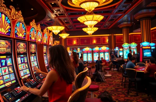Players enjoying vivid slot apiraja88 machines in a luxurious casino setting with vibrant lights.