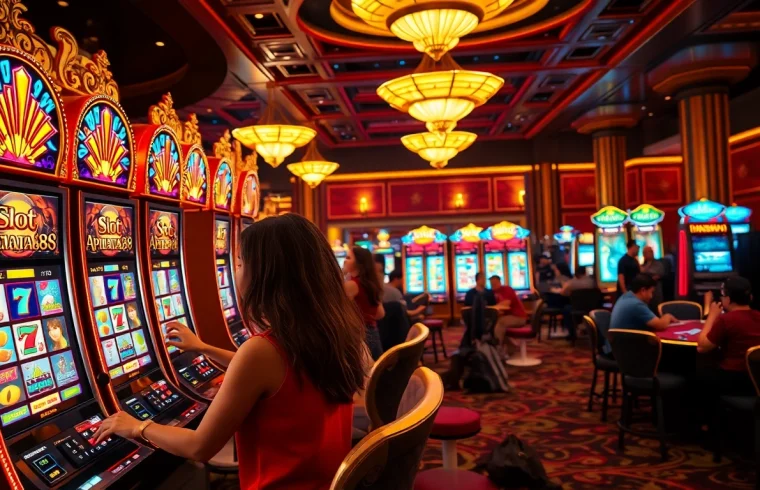 Players enjoying vivid slot apiraja88 machines in a luxurious casino setting with vibrant lights.