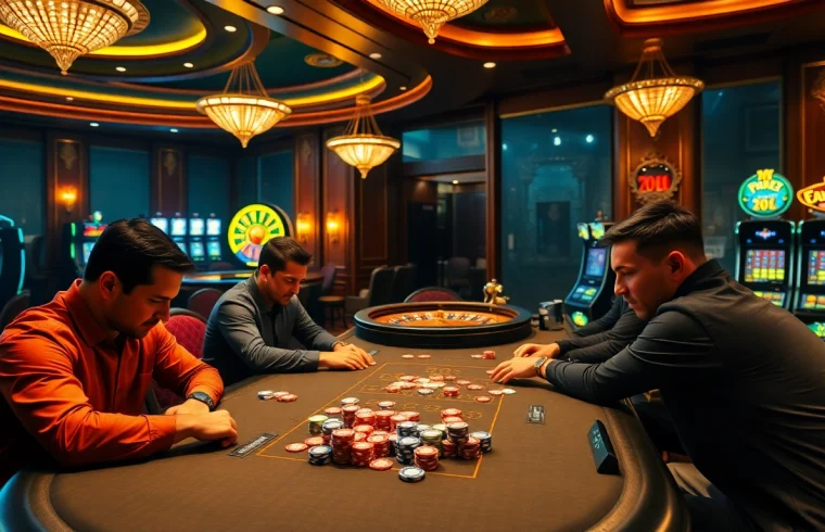 שחקנים מעורבים סביב שולחן פוקר 7xl בקזינו תוסס.