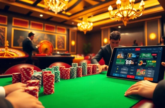 Players strategizing around a poker table at 88i casino, showcasing excitement and high-stakes betting.