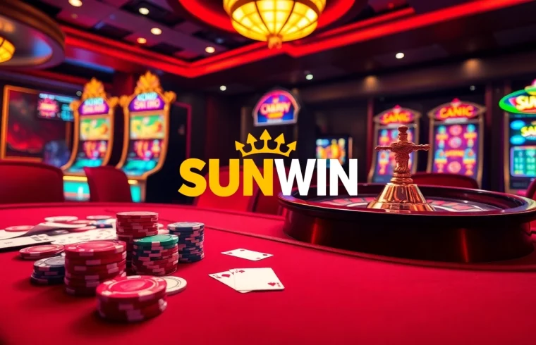 Experience the thrill of SUNWIN gaming with vibrant poker tables and luxurious slot machines.