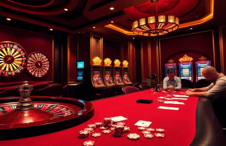 Exciting scene at a vibrant casino venue showcasing s8 nhà cái with roulette and poker activities.