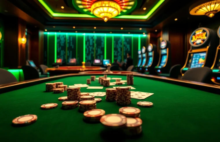 Engaging gambling scene with poker table chips and data china theme integrated.