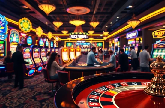 Engaging casino scene featuring players at 32WIN Com poker table and exciting slot machines.