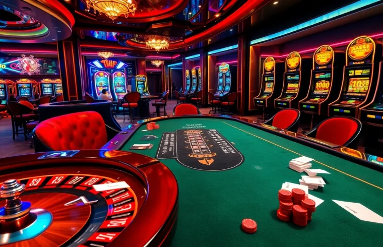 Experience the thrill of winning at mk8th.net with a luxurious casino scene showcasing poker, roulette, and slot machines.