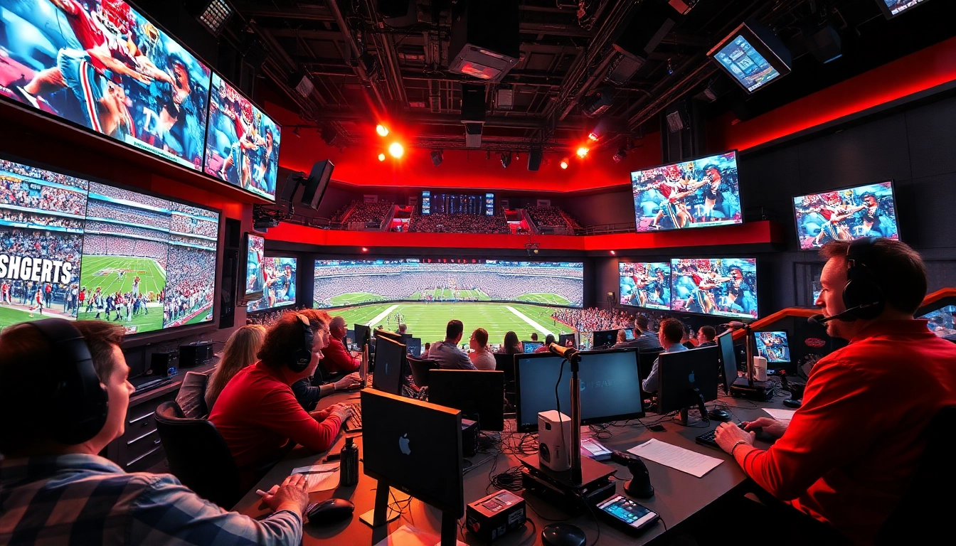 Engaging sports broadcasting setup with live commentary and vibrant studio atmosphere.