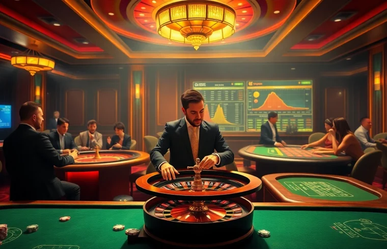 Experience the excitement of gambling at Boosterjp's vibrant casino scene with roulette and blackjack tables.