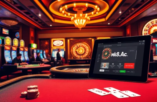 Gamblers enjoying a vibrant casino scene with mk8.ac online interface, immersed in thrilling games.
