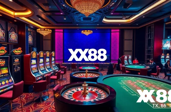 Engaging scene of gamblers playing at a casino with XX88 TV branding, showcasing excitement and luxury.