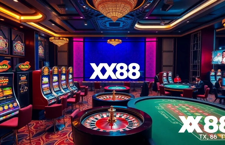 Engaging scene of gamblers playing at a casino with XX88 TV branding, showcasing excitement and luxury.