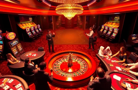 Players enjoying a vibrant casino atmosphere at 555win, highlighting high-stakes poker and roulette.