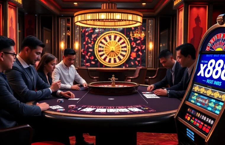 Professional gamblers enjoying a game at xx88's luxurious casino table with vibrant lighting.