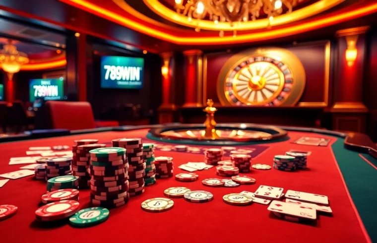 Players enjoying thrilling games at 789WIN casino with vibrant poker chips and cards.