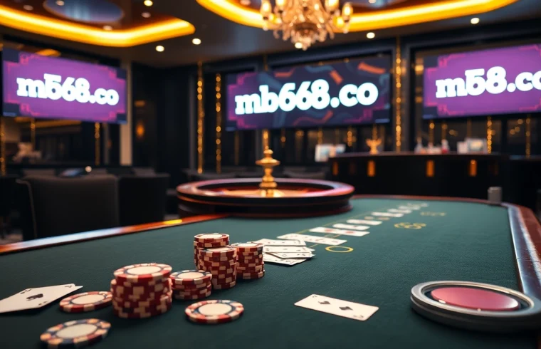 Experience the excitement of mb668.co with a vibrant poker table full of players, cards, and chips.