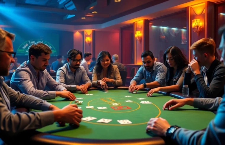 משחק פוקר אונליין מרתק עם שחקנים מגוונים סביב שולחן וירטואלי של 7xl סוכן, המדגים התלהבות ורמת אלגנטיות.