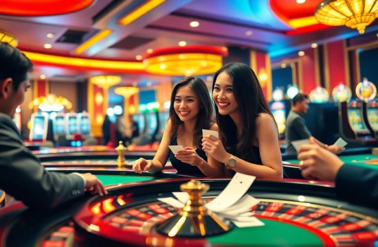 Experience the excitement of go 88. com with players at a roulette table and vibrant casino atmosphere.