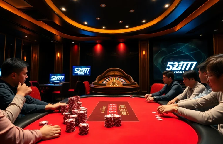 Engaging players at a poker table symbolize excitement in the 5z777 casino experience.