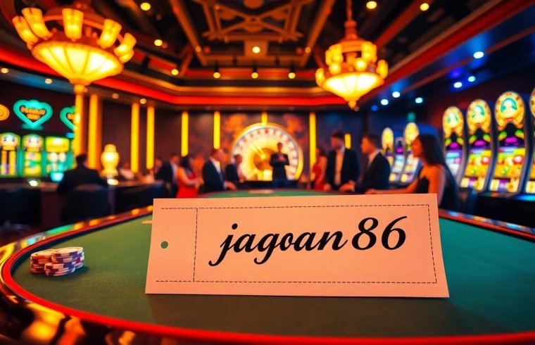 Players strategizing at a blackjack table in a luxurious casino branded with jagoan86, highlighting a thrilling gambling atmosphere.