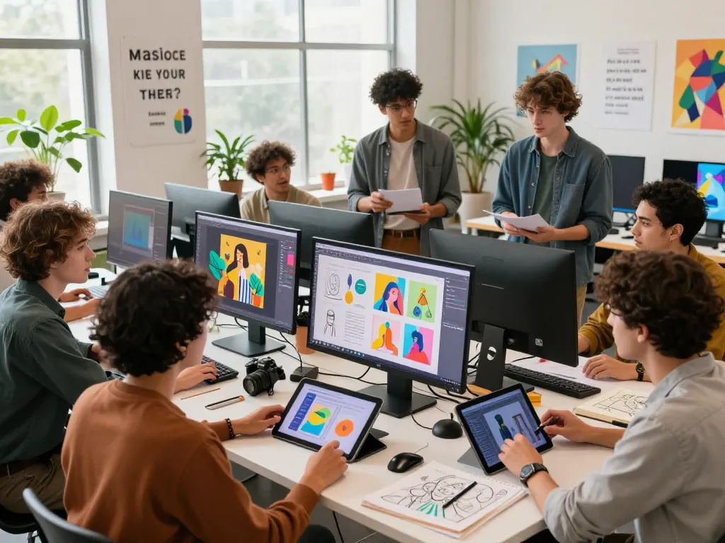 Dynamic creative workspace showcasing diverse individuals collaborating on 18+ ai digital designs.