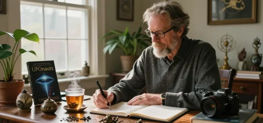T Allen Greenfield writing "UFOnauts," blending spirituality and UFO phenomena at https://tallengreenfield.com in a cozy study.