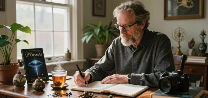 T Allen Greenfield writing "UFOnauts," blending spirituality and UFO phenomena at https://tallengreenfield.com in a cozy study.